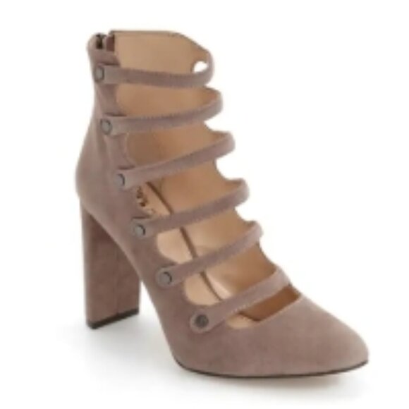 Vince Camuto Walleya Taupe Suede Motorcycle Boots
